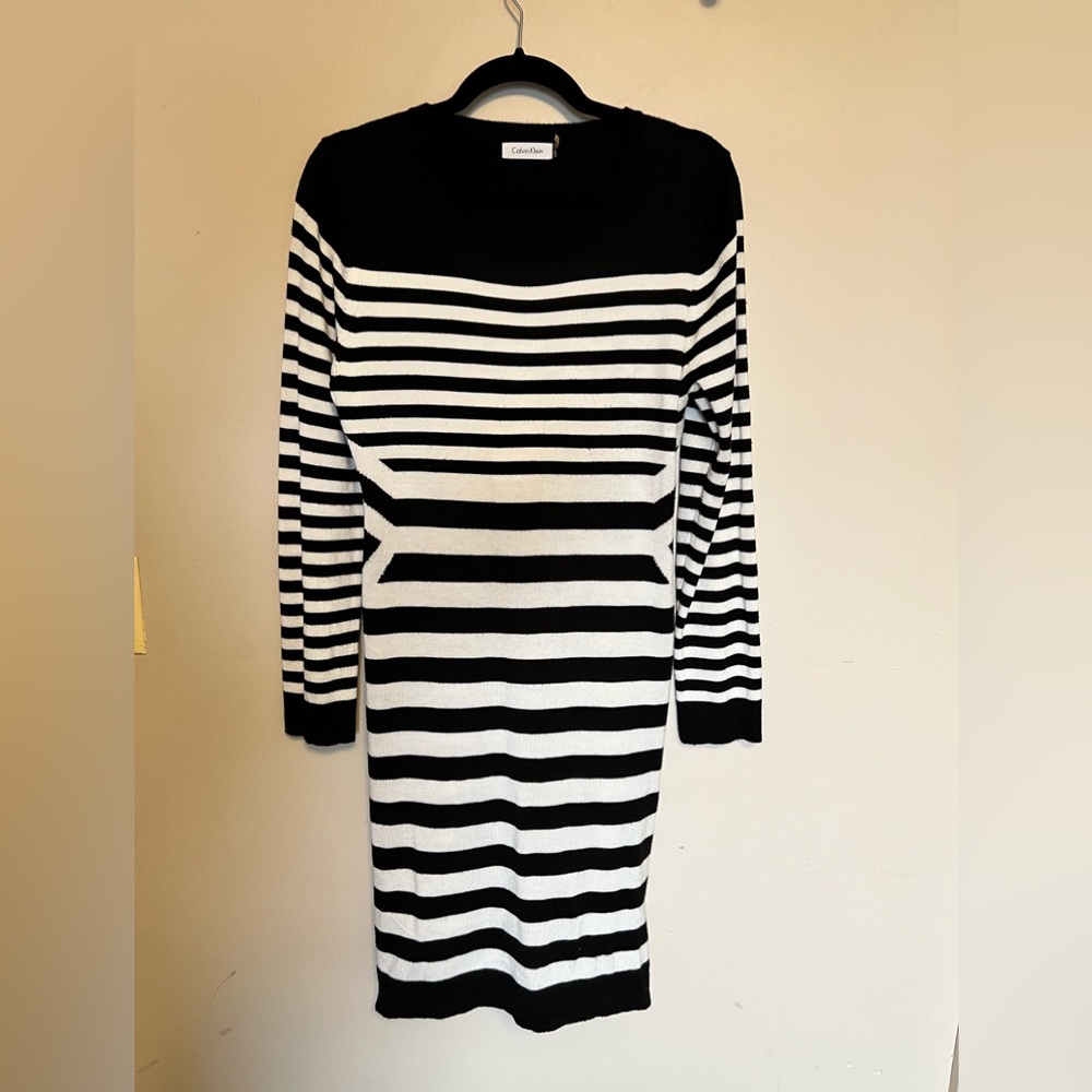 Calvin Klein Black and White Striped Knit Sweater Dress with Long Sleeves